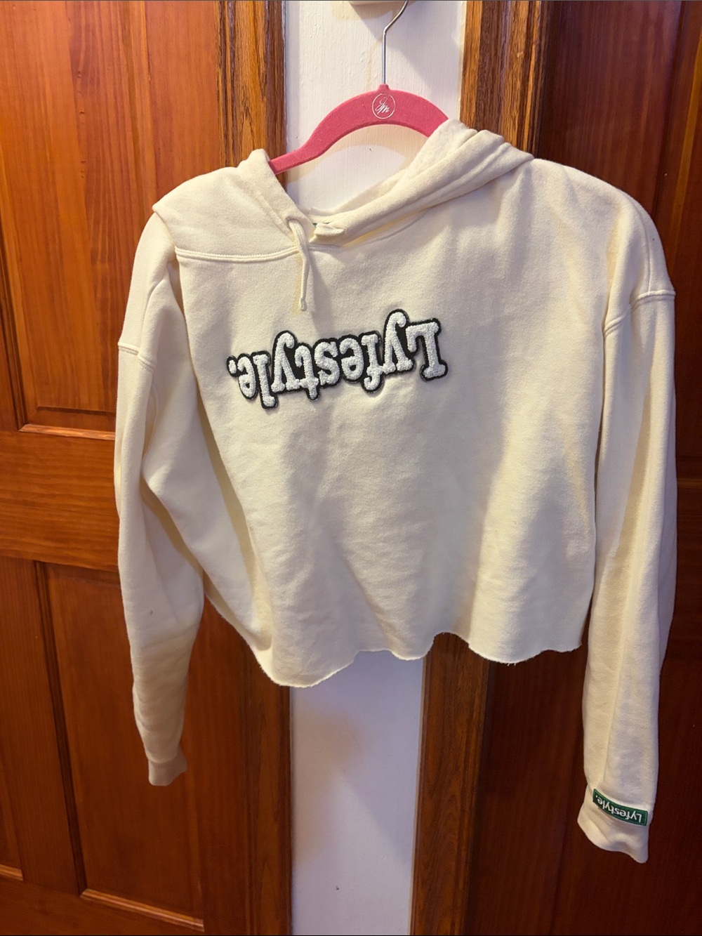 Women’s Cream Cropped Hoodie with Reversed 'LYFESTYLE' Logo